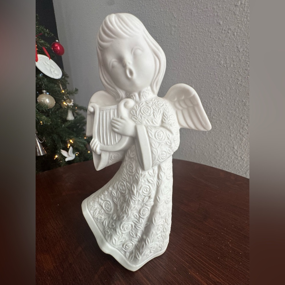 Vintage White Ceramic Angel Figurine with Harp